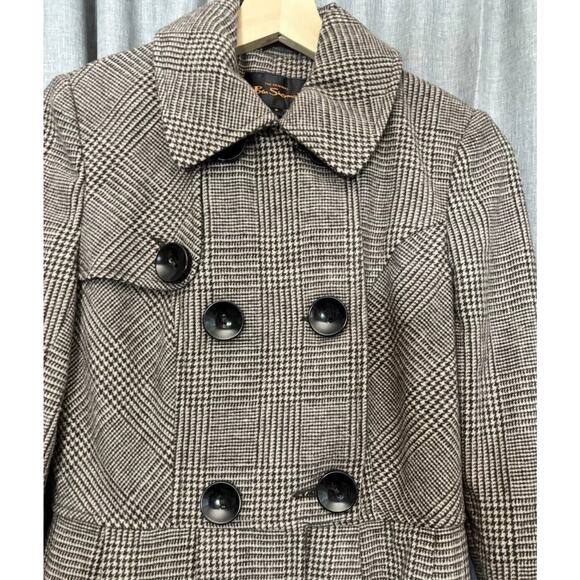 Ben Sherman Coat Womens Small Brown Glen Plaid Pleated Long Peacoat Wool - Picture 10 of 16